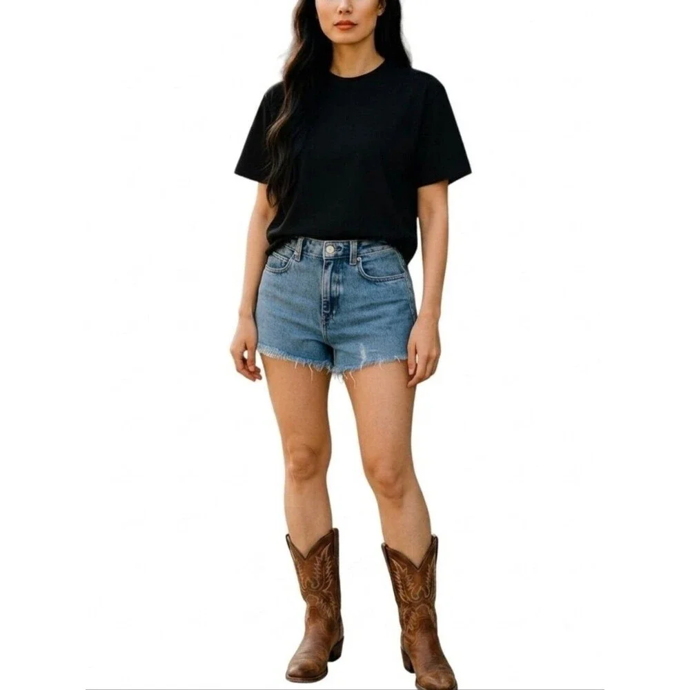 Pacsun Mom Jean Shorts Distressed Blue Denim with Frayed Hem size 23